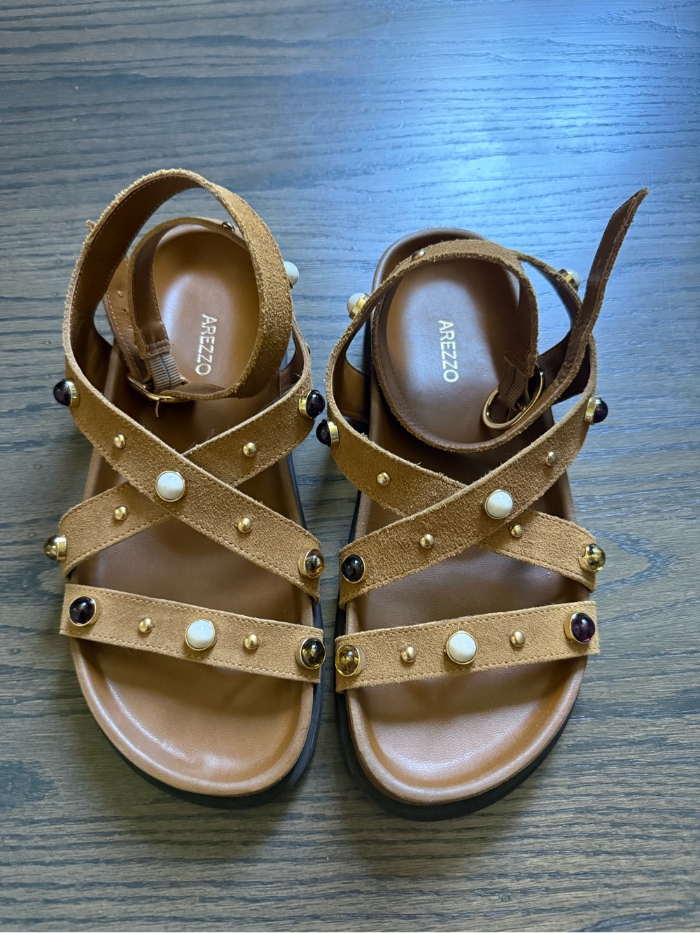 Arezzo Tan Suede Studded Crisscross Sandals
